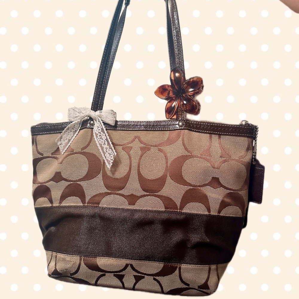 Coach Brown and Tan Signature Canvas Tote with Leather Trim